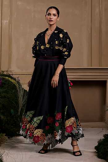 Buy Black Chanderi, Cotton Beads, Tassels Floral Embroidered