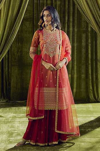 open lace back dress Pink Embroidered Gharara Suit