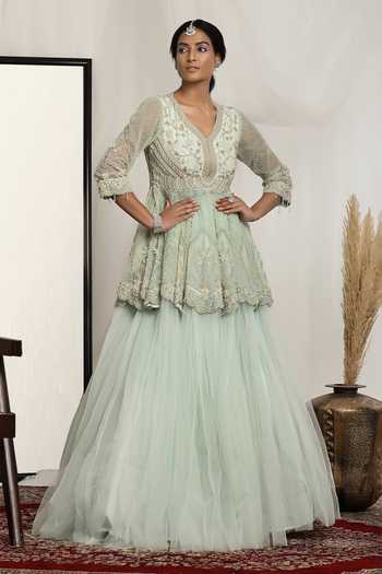 Buy Green Net Pearls, Beads Asymmetric Floral Embroidered Peplum Kurta And  Lehenga For Women by House Of Supriya Online at Aza Fashions.
