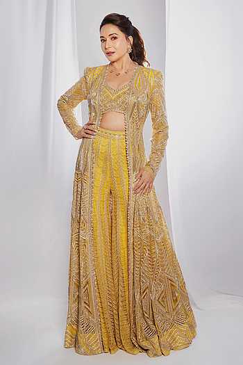 Aztec Embroidered Yellow Cape Sharara Set