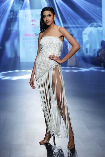Buy Ivory Crepe Tassels Off-shoulder Cord Embellished Tube Dress For Women  by Babita Malkani Online at Aza Fashions in US
