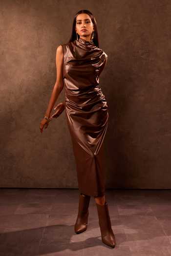 Tara And I Brown Faux Leather Cowl Neck Mocha Draped Midi Dress| Aza Fashions| Party