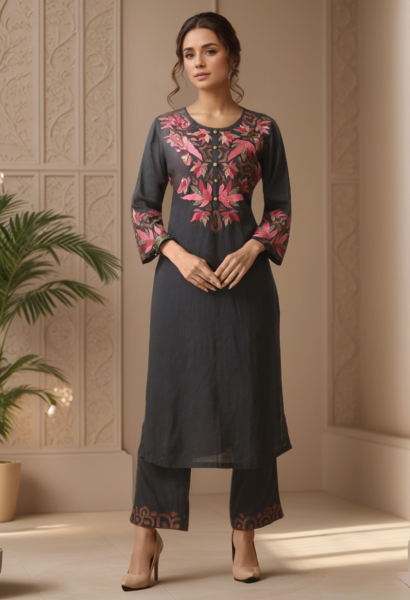 Leaf Embroidered Straight Kurta With Pant 