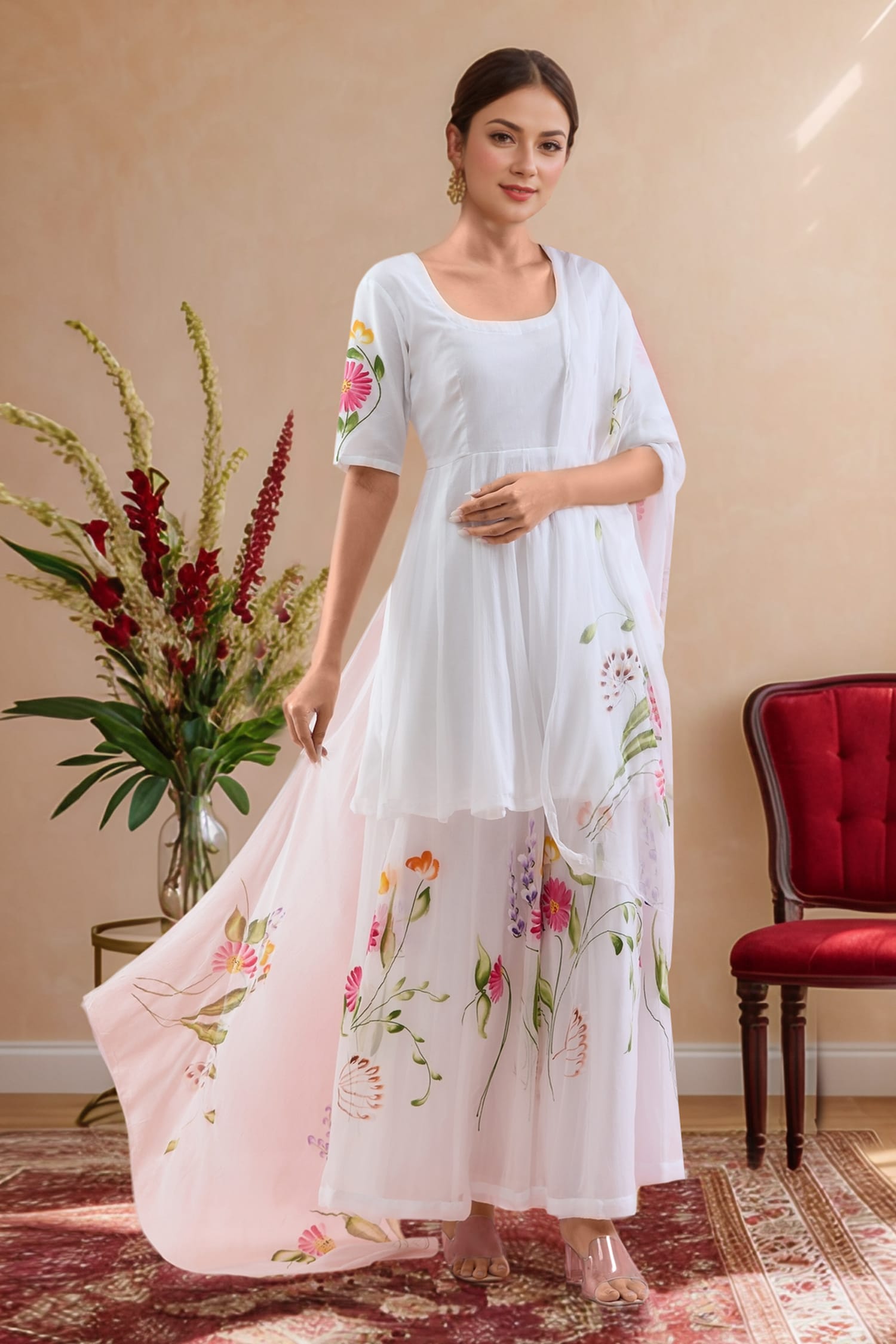 Floral Handpainted Anarkali Palazzo Set 