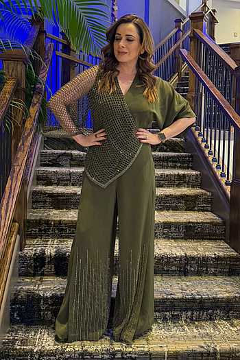 Geometric Embroidered Olive Jumpsuit
