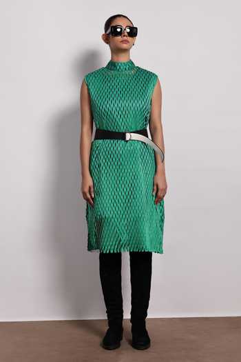 Buy Green Crepe, Satin High Neck Lasercut Midi Dress With Belt For Women by  Devina Juneja Online at Aza Fashions.