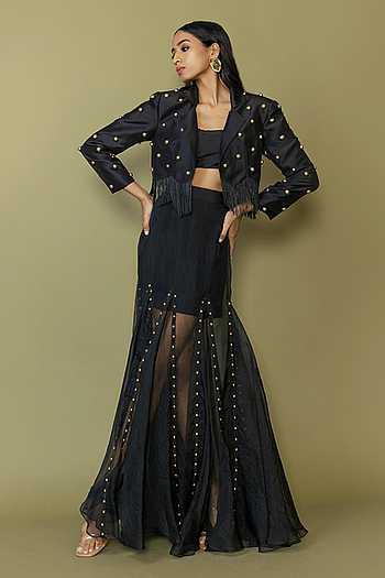 Stud Embellished Blazer & Sheer Skirt Set