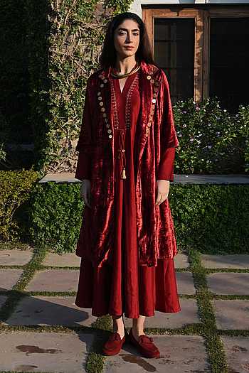 Buy Red Cotton Cut Work V-neck Hand Embroidered Maxi Dress For Women by  Shorshe Clothing Online at Aza Fashions