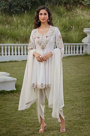 White Embroidered Kurta Tulip Pant Set 