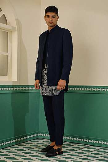 Navy Blue Botanical Embroidered Bandhgala Set