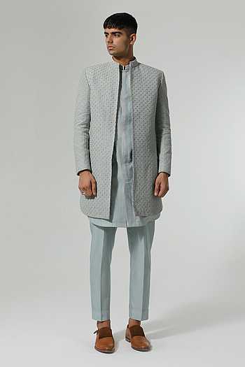 Thread Embroidered Grey Sherwani & Kurta Set
