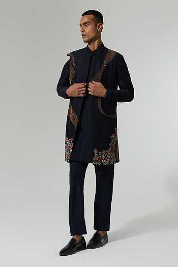 Navy Blue Resham Embroidered Sherwani Set