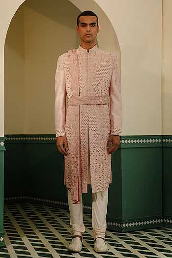 Peach Aari Embroidered Sherwani Set