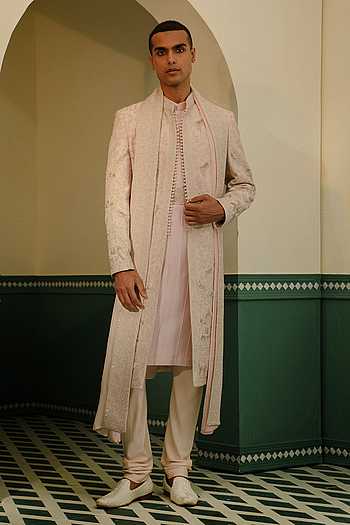 Zardozi Embroidered Peach Sherwani Set