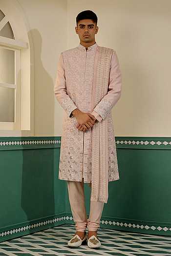 Floral Hand Block Print Sherwani Set