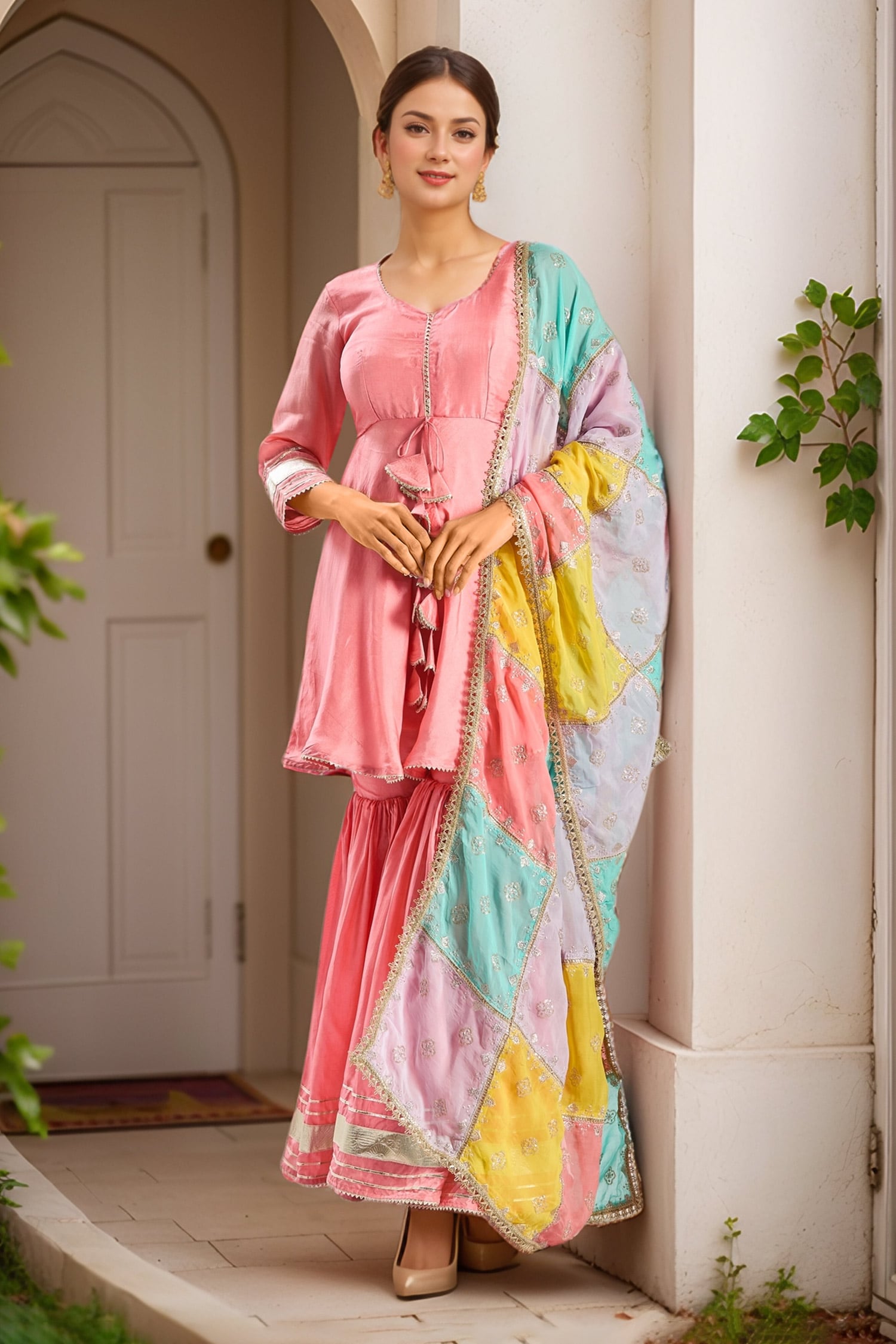 Peach Gota Embellished Kurta Sharara Set 
