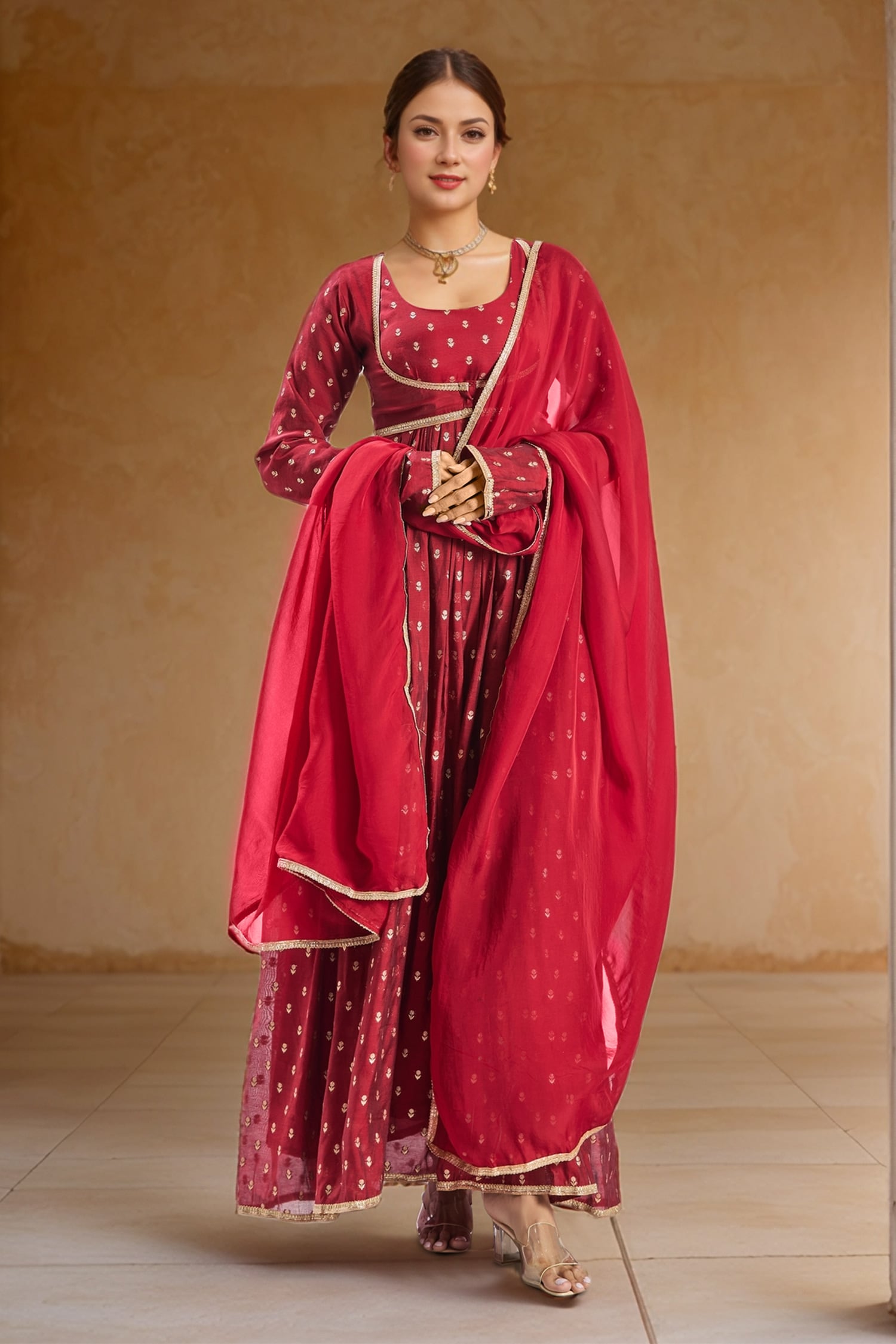 Floral Woven Anarkali Set With Jacket 