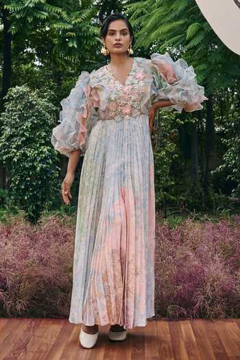 Buy Blue Organza, Satin Embroidery V-neck 3d Floral Hand Embellished Maxi Dress For Women by Pankaj & Nidhi Online at Aza Fashions. Buy Blue Organza, Satin Embroidery V-neck 3d Floral Hand Embellished Maxi Dress For Women by Pankaj & Nidhi Online at Aza Fashions.
