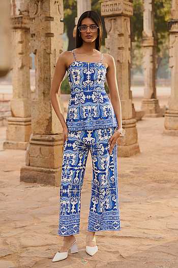 Buy Blue Cotton, Polyester Square Neck Ceramic Print Peplum Top