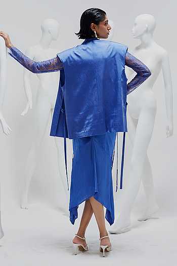 Buy Blue Satin, Modal Beads Collared Sleeveless Jacket For Women