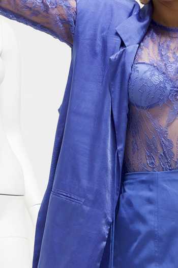 Buy Blue Satin, Modal Beads Collared Sleeveless Jacket For Women