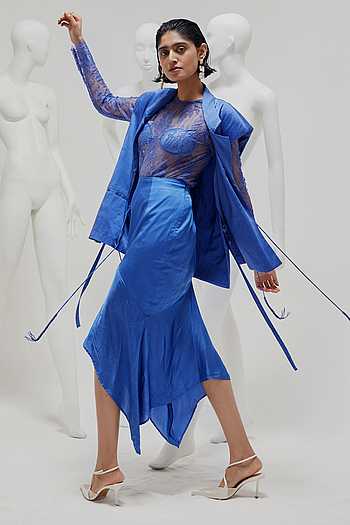 Buy Blue Satin, Modal Beads Collared Sleeveless Jacket For Women
