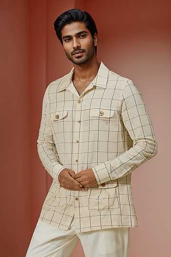 Buy Off White Linen Checkered Shacket For Men by Ankita Shahabadi
