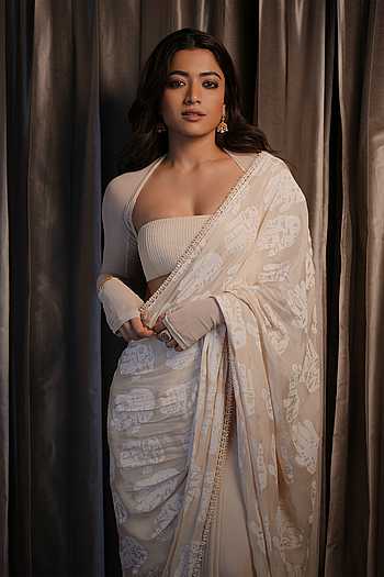 Beige Palm Print Classic Saree Set