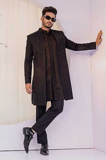 Black Embroidered Achkan Set