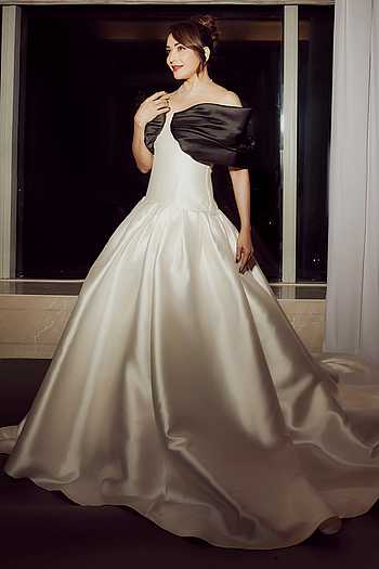 Black & Ivory Off Shoulder Draped Gown