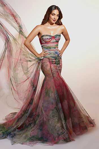 Multicolor Dahlia Print Draped Gown