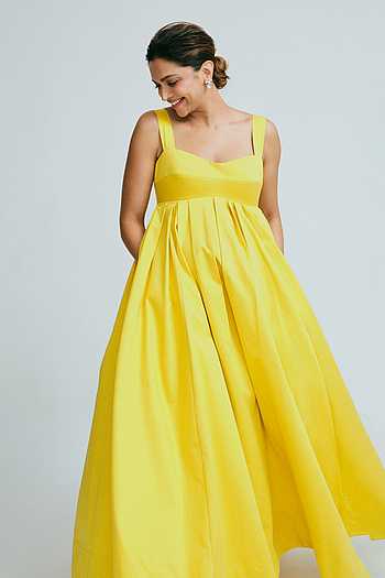 Buy Yellow Cotton Sweetheart Neck Empire Cut Maxi Dress For Women
