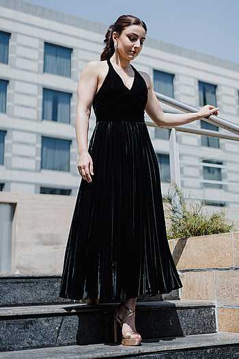 Braided Neck Velvet Midi Dress