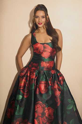 Black & Red Rose Print Midi Dress