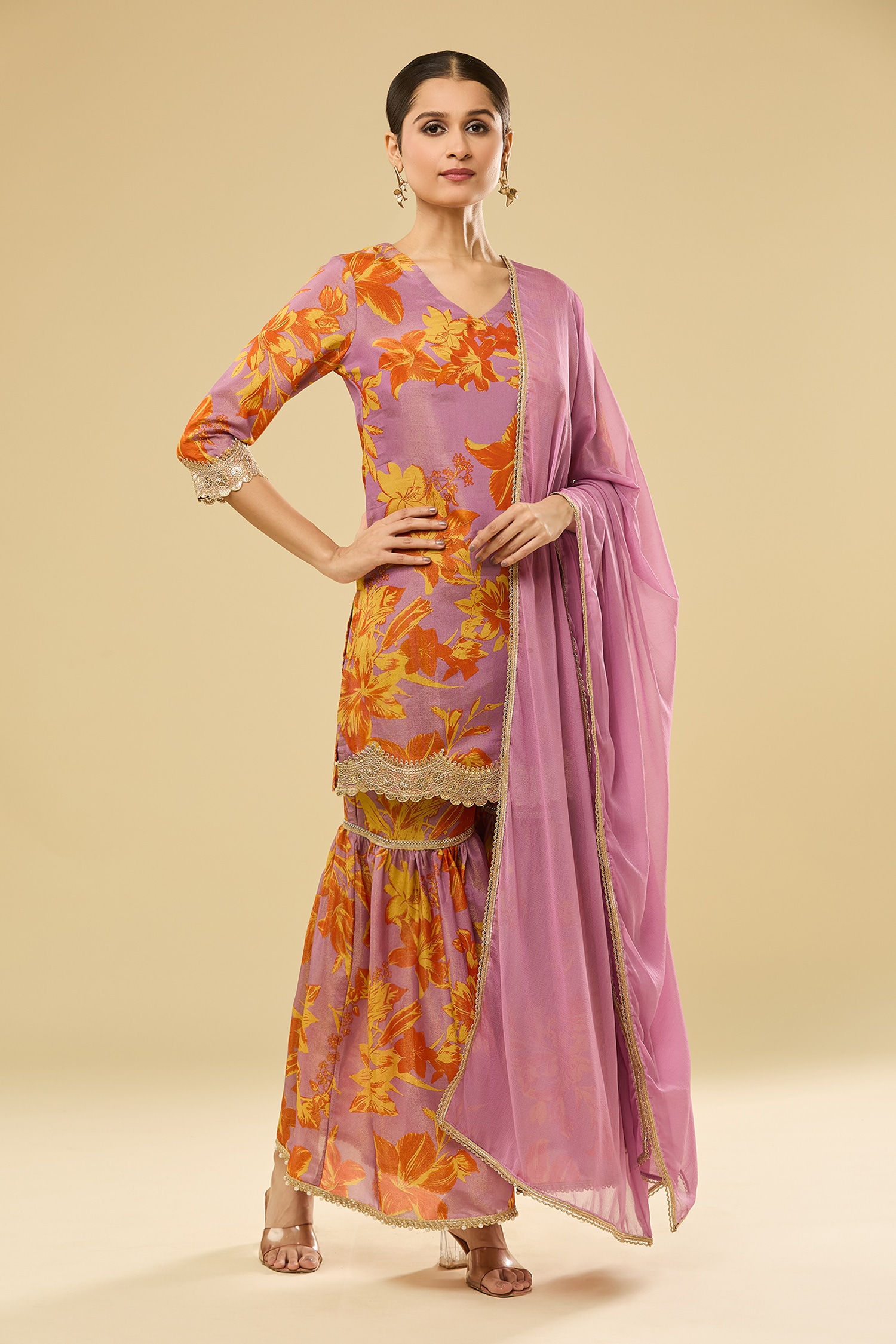 Floral Embellished Kurta Sharara Set 