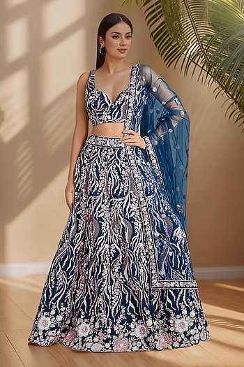 Navy Blue Floral Vine Embroidered Lehenga Set 