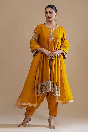 Aari Pearl Embroidered Yellow Choga Kurta Set