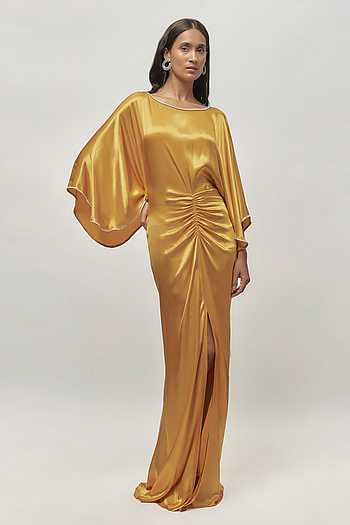 gold ruched dress with sleeves "Deja Vu" One Shoulder Ruched Mini Dress (Gold)