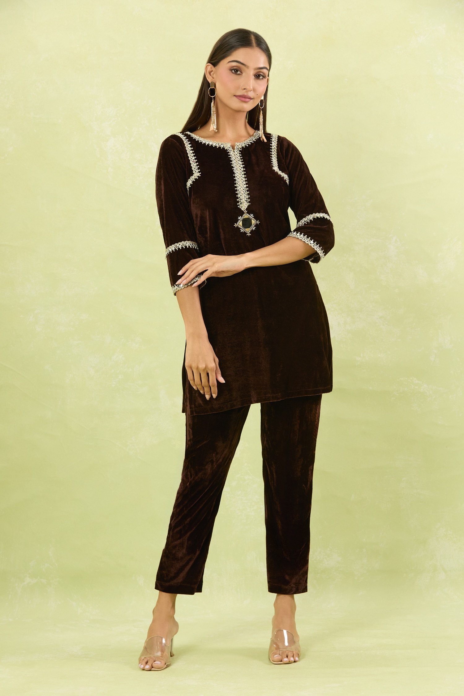 Mirror Hand Embellished Velvet Kurta Set 