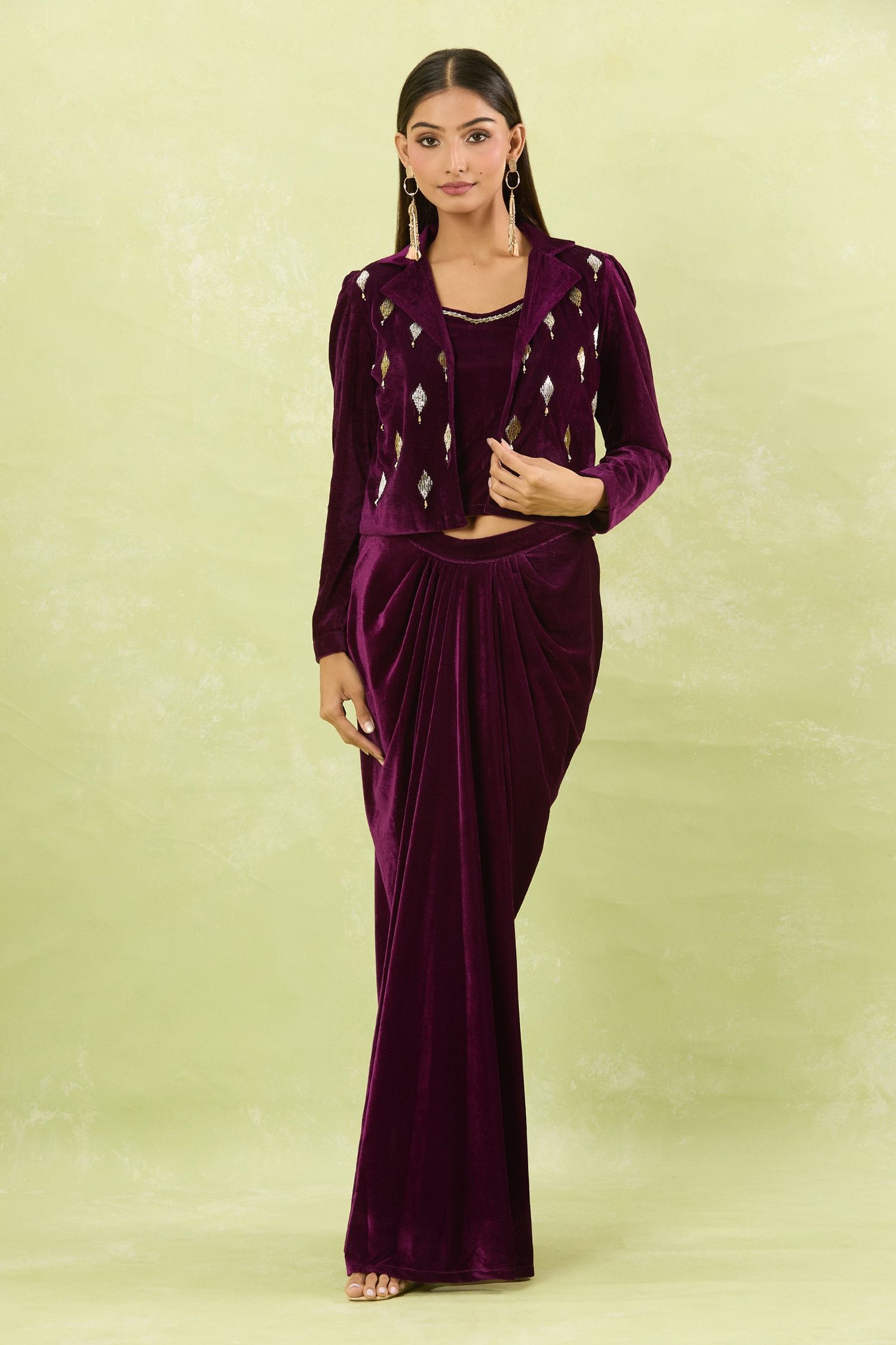 Wine Hand Embellished Velvet Jacket Set 