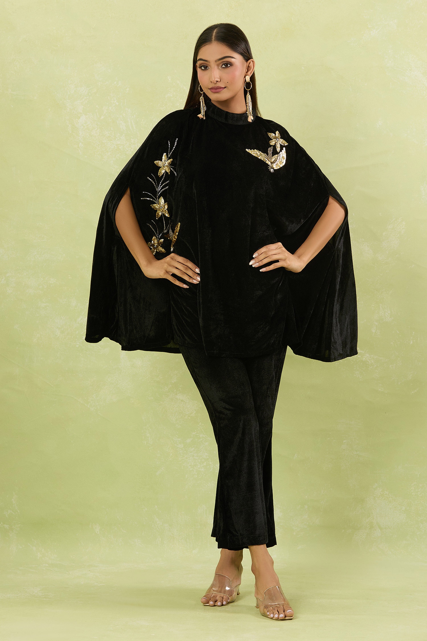 Sequin Embellished Velvet Cape & Pant Set 