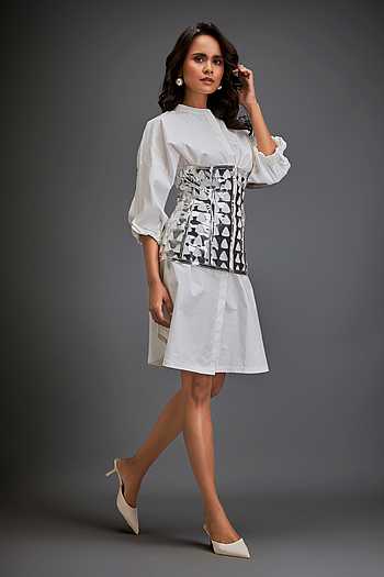 white shirt dress with black corset belt Dresses | White Long Sleeve Mini Shirt Dress With Black Faux Leather Corset Belt