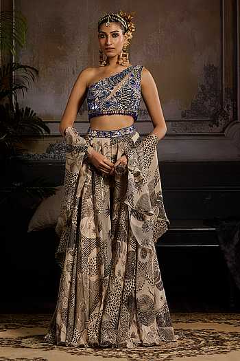 Beige & Black Ambrosia Print Sharara Set