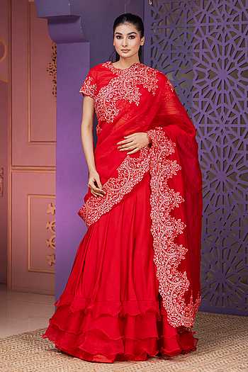 Red Ambrosia Embroidered Lehenga Saree Set