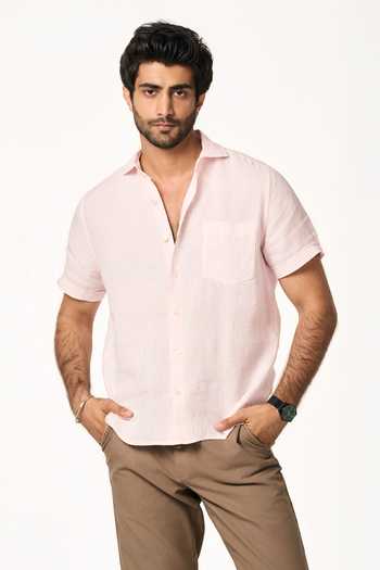 strapless open back dress Men's Powder Pink Linen Shirt With Apple Embroidery main image 0