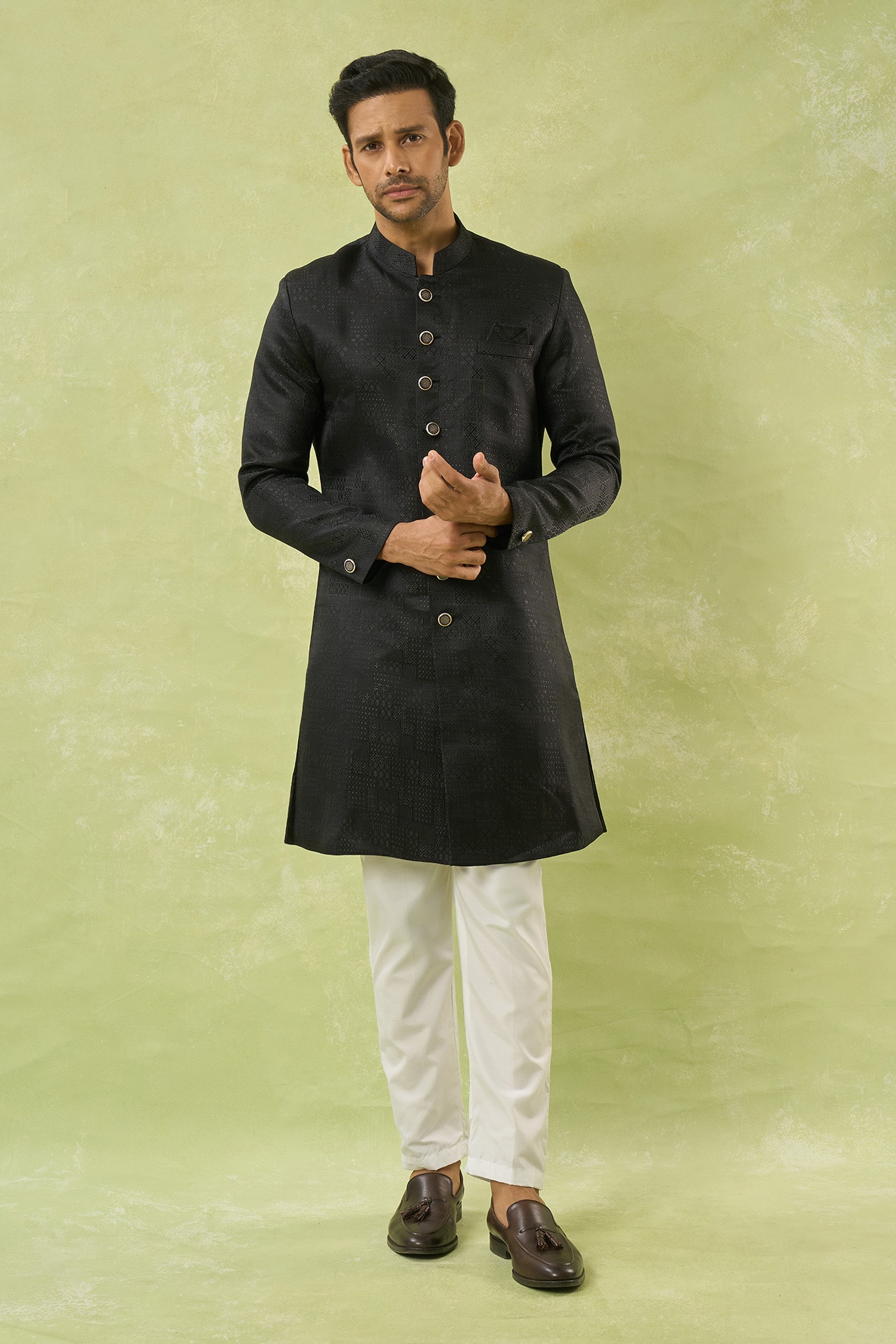 Black Geometric Woven Jacquard Sherwani Set 