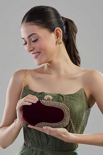 Buy Maroon Crystals Embellished Velvet Clutch by Nazaakat By Samara Singh  Online at Aza Fashions.