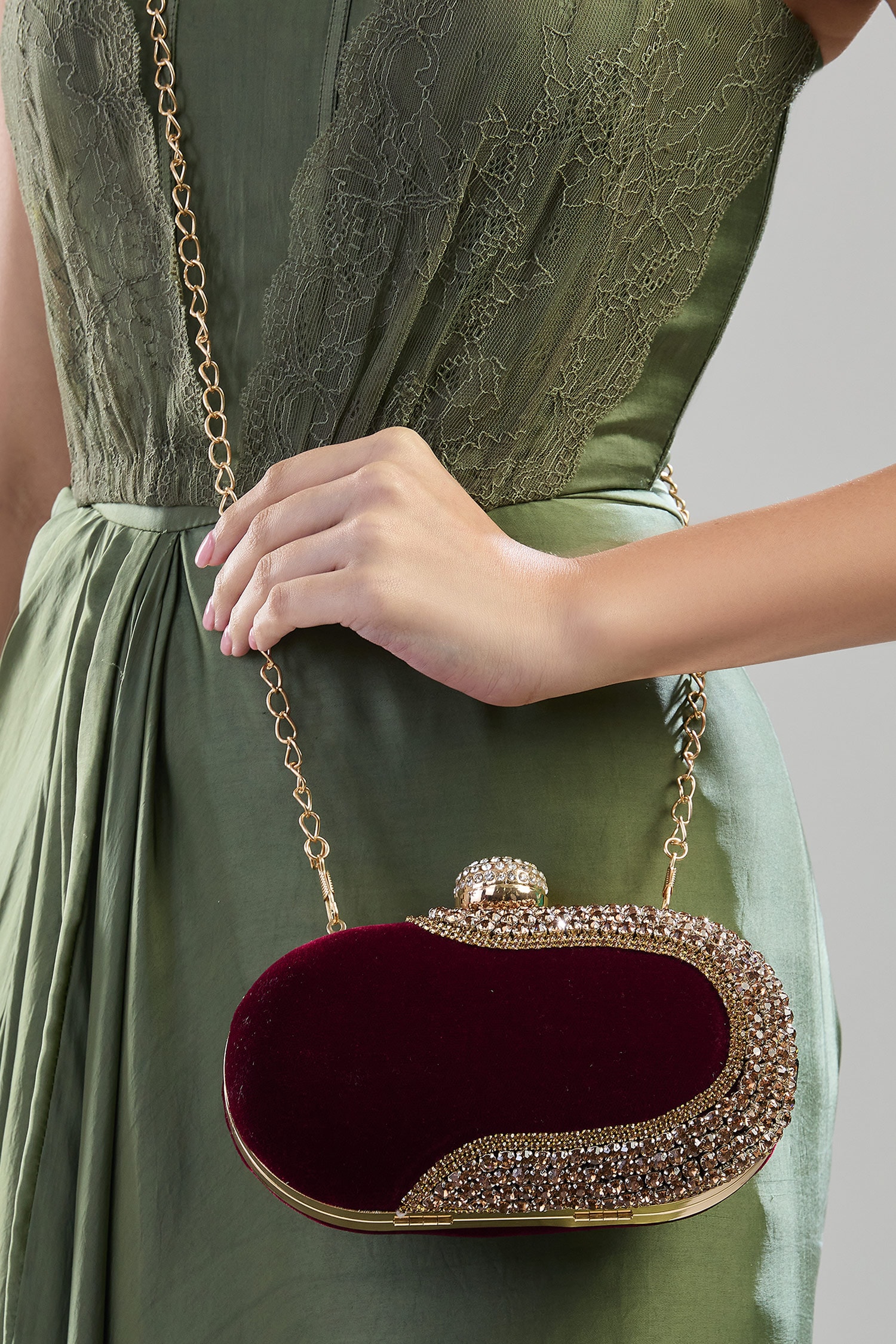 Crystal Embellished Maroon Velvet Clutch 