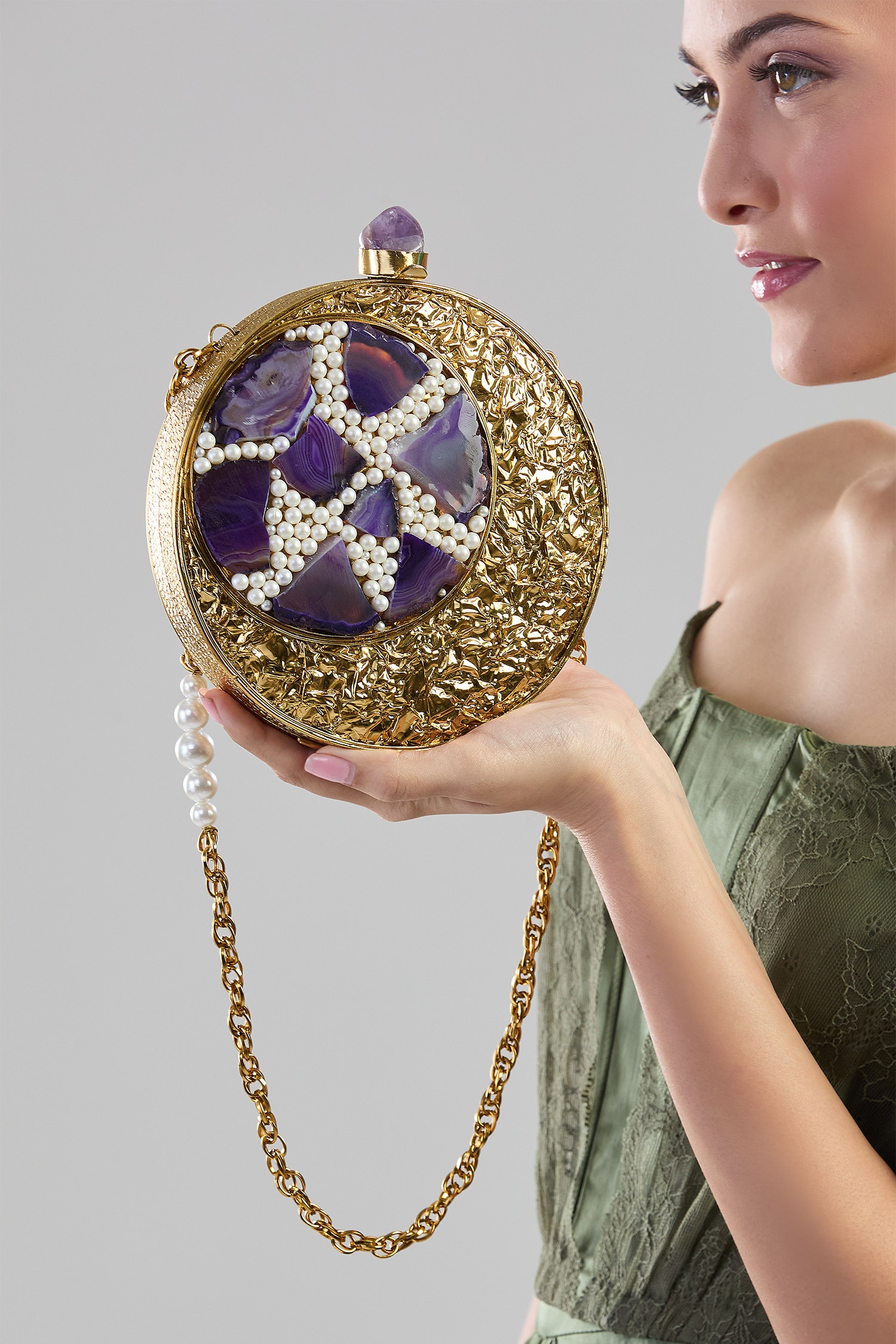 Circular Clutch With Stone & Pearl Embellishments 
