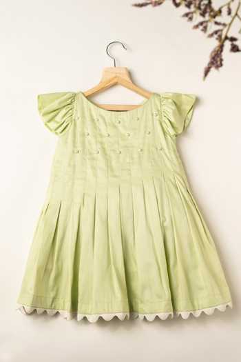 Buy Green Cotton Pearls Pleated Dress With Accents For Girls by Darleen  Kids Couture Online at Aza Fashions.